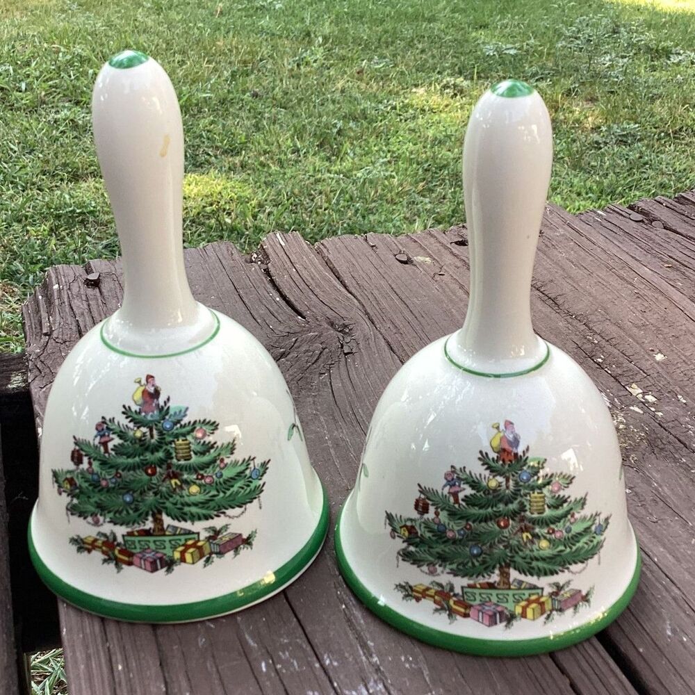 Spode Christmas Tree Ceramic Hand Bells Set of 2 Festive Holiday‎ Decor - READ